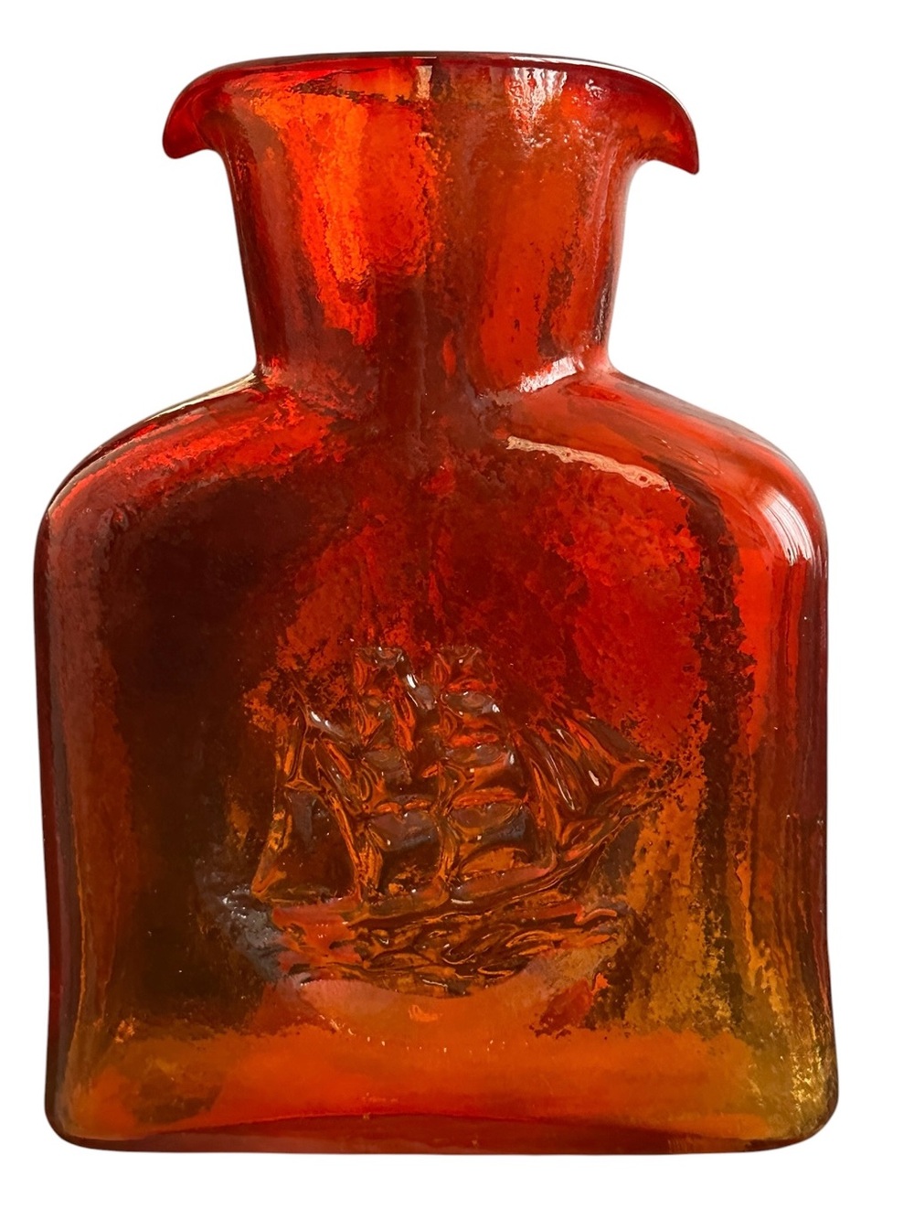 KANAWHA Art Glass Amberina Red Double Spout Water Pitcher w/ Sailing Ship 8.5"